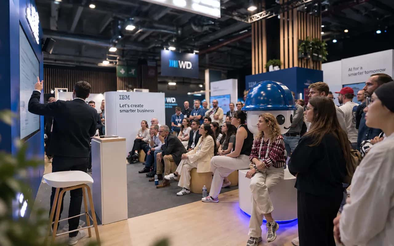Public réuni autour d'une démonstration technologique lors d'un événement