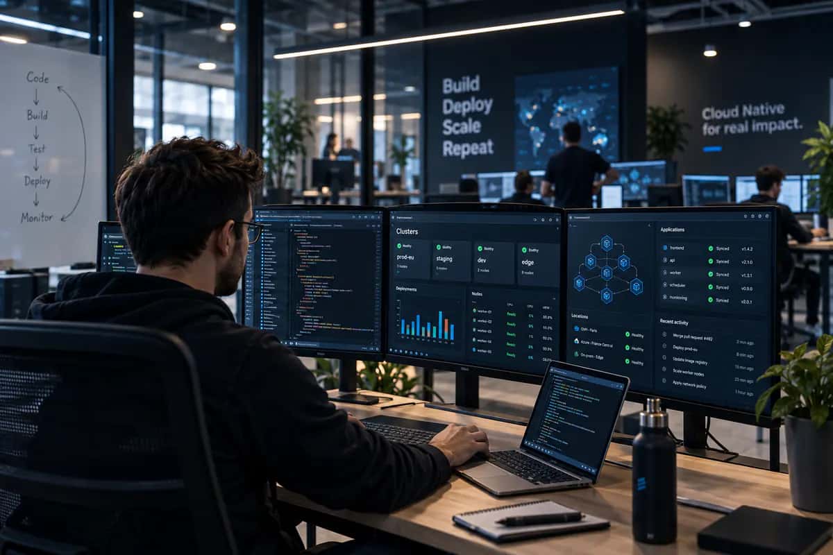 Ingénieur supervisant une plateforme cloud et ses environnements de déploiement