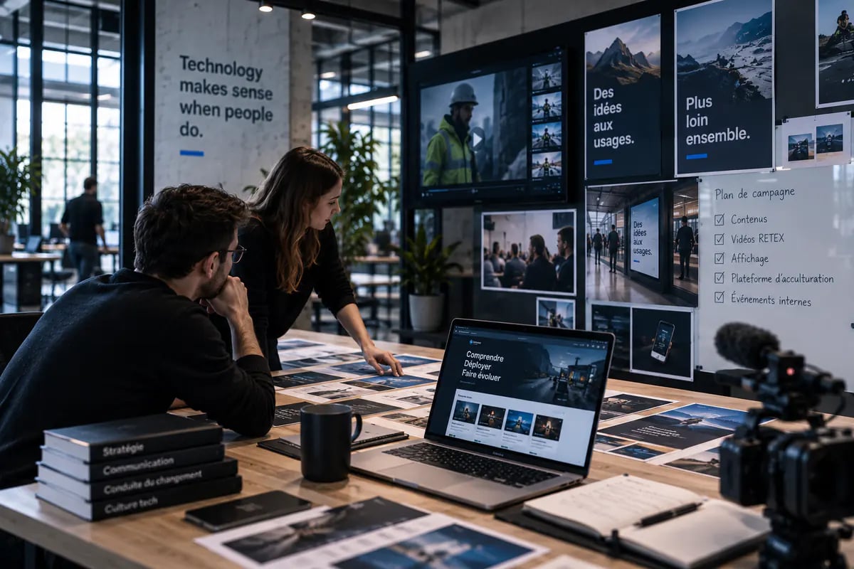 Équipe préparant les contenus et supports d'un programme d'adoption technologique